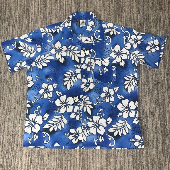 Vintage Kennington Men’s XL‎ Blue White Floral Camp Hawaiian Button Down Shirt - Picture 1 of 5